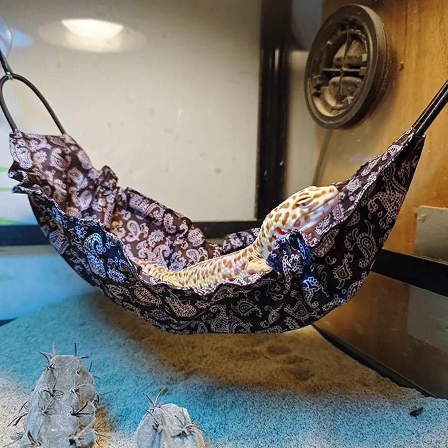 Leopard gecko lounging in a black paisley Lizard Climbing Hammock, a stylish and functional reptile habitat accessory.