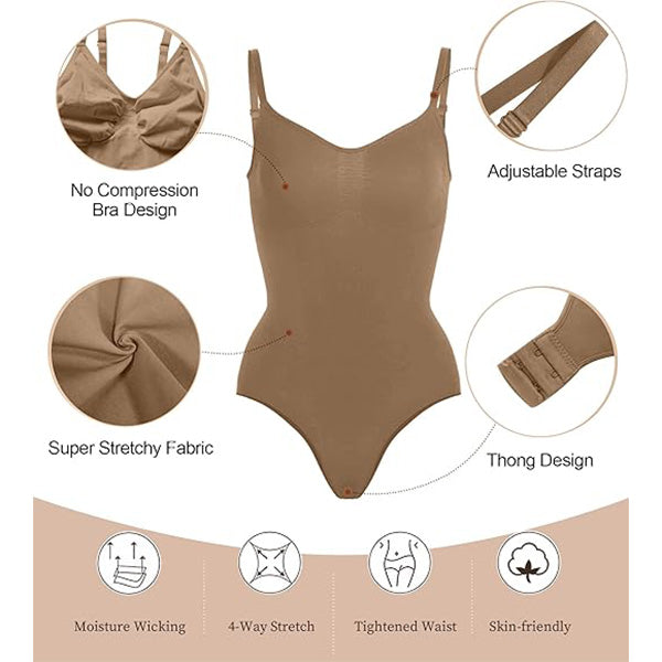 Brown seamless bodysuit features including adjustable straps, thong design, stretchy fabric, and skin-friendly material.