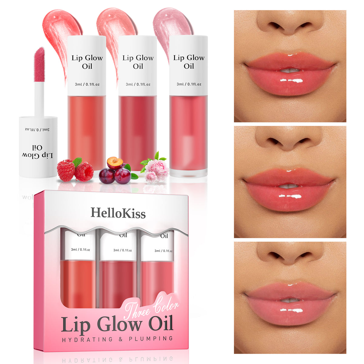Long-Lasting Scented Lip Oil Stain Set with three fruity glosses and lip swatches, highlighting vibrant, glossy lip finish.