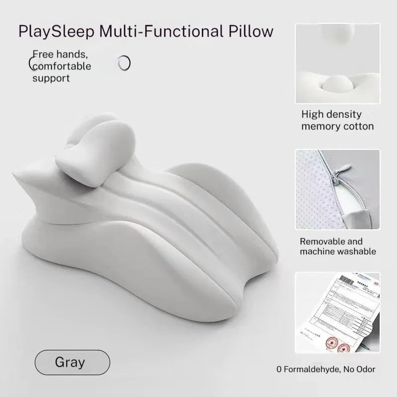 Gray PlaySleep Multi-Functional Pillow with high-density memory foam and washable cover for intimate and ergonomic body support.