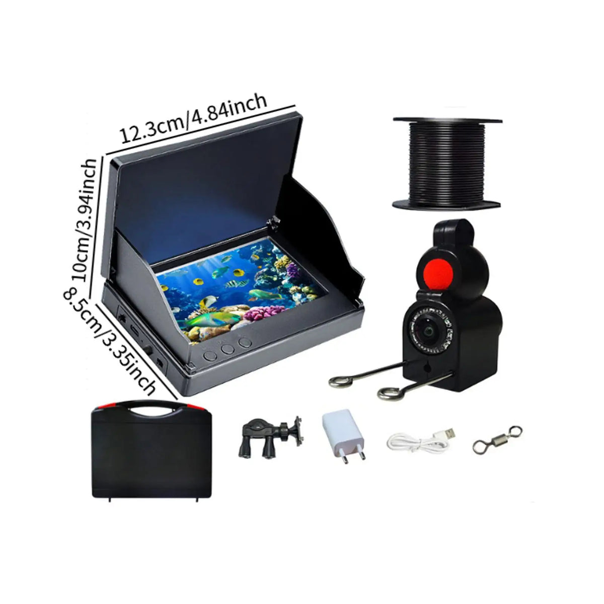 Waterproof Fishfinder Camera dimensions shown with 4.3-inch display, underwater camera, cable, and case for detailed fishing setup.