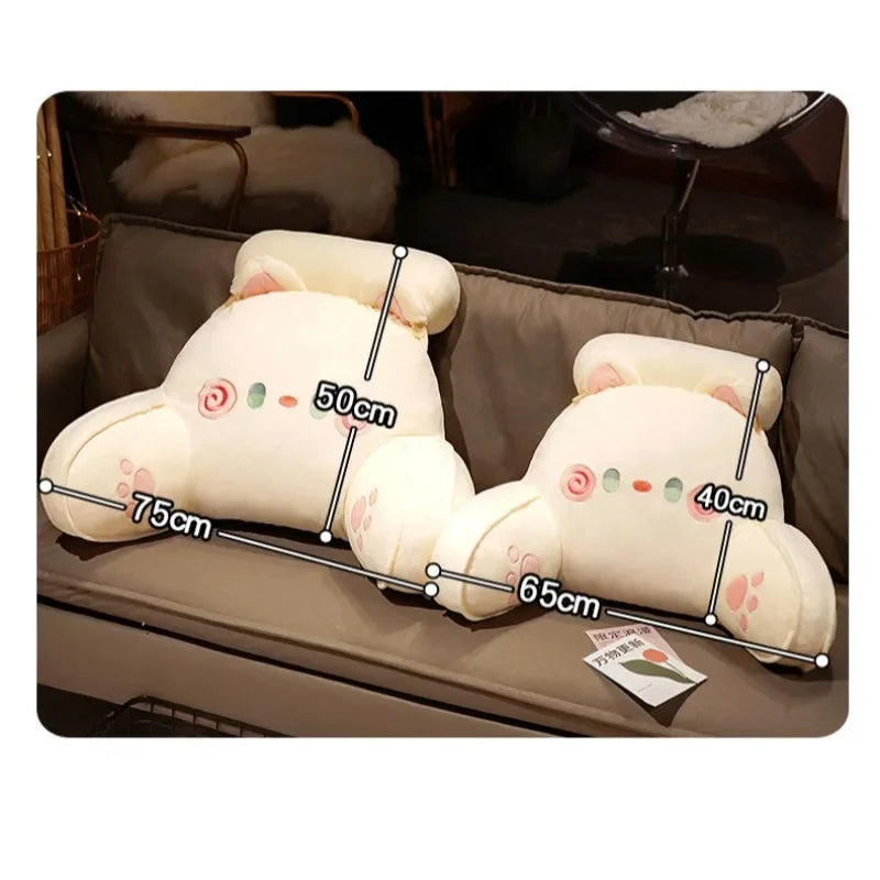 Size comparison of two cartoon sofa backrest pillows with lumbar support, showing dimensions for home seating options.