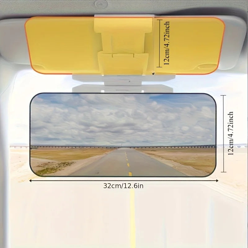Car sun visor glare shield dimensions shown with 32cm width and 12cm height, mounted inside a vehicle for enhanced road visibility.