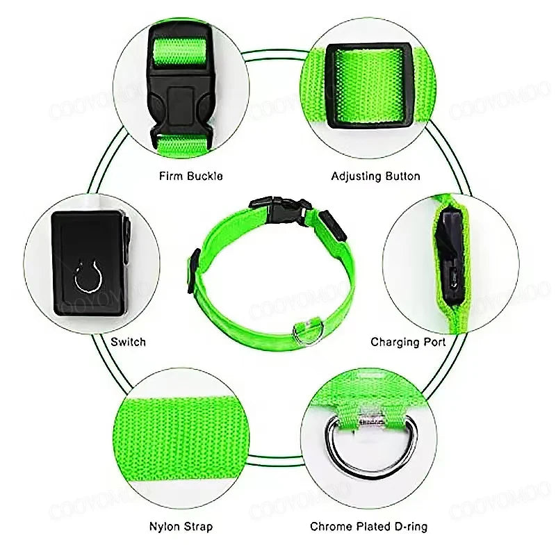 Detailed view of green LED dog collar components including buckle, charging port, and chrome D-ring for secure attachment.