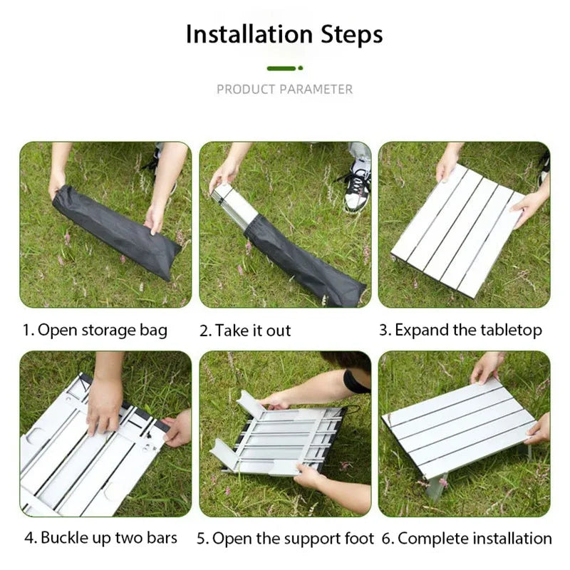 Step-by-step installation guide for Ultralight Folding Camping Table. Easy setup instructions for compact aluminum travel desk.
