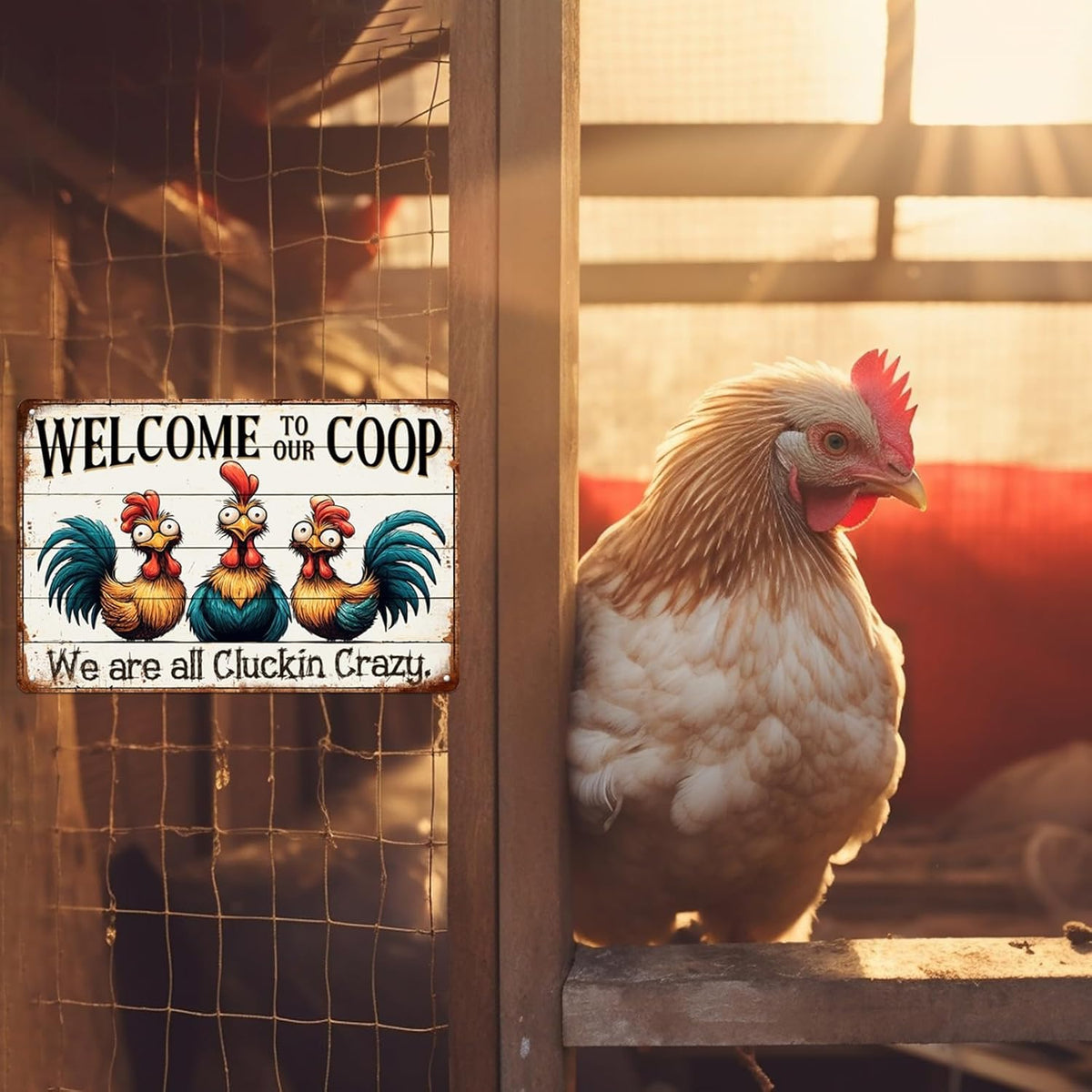 Humorous Chicken Coop Tin Sign Decor placed on a wire enclosure with a chicken nearby, enhancing the charm of any coop or garden space.