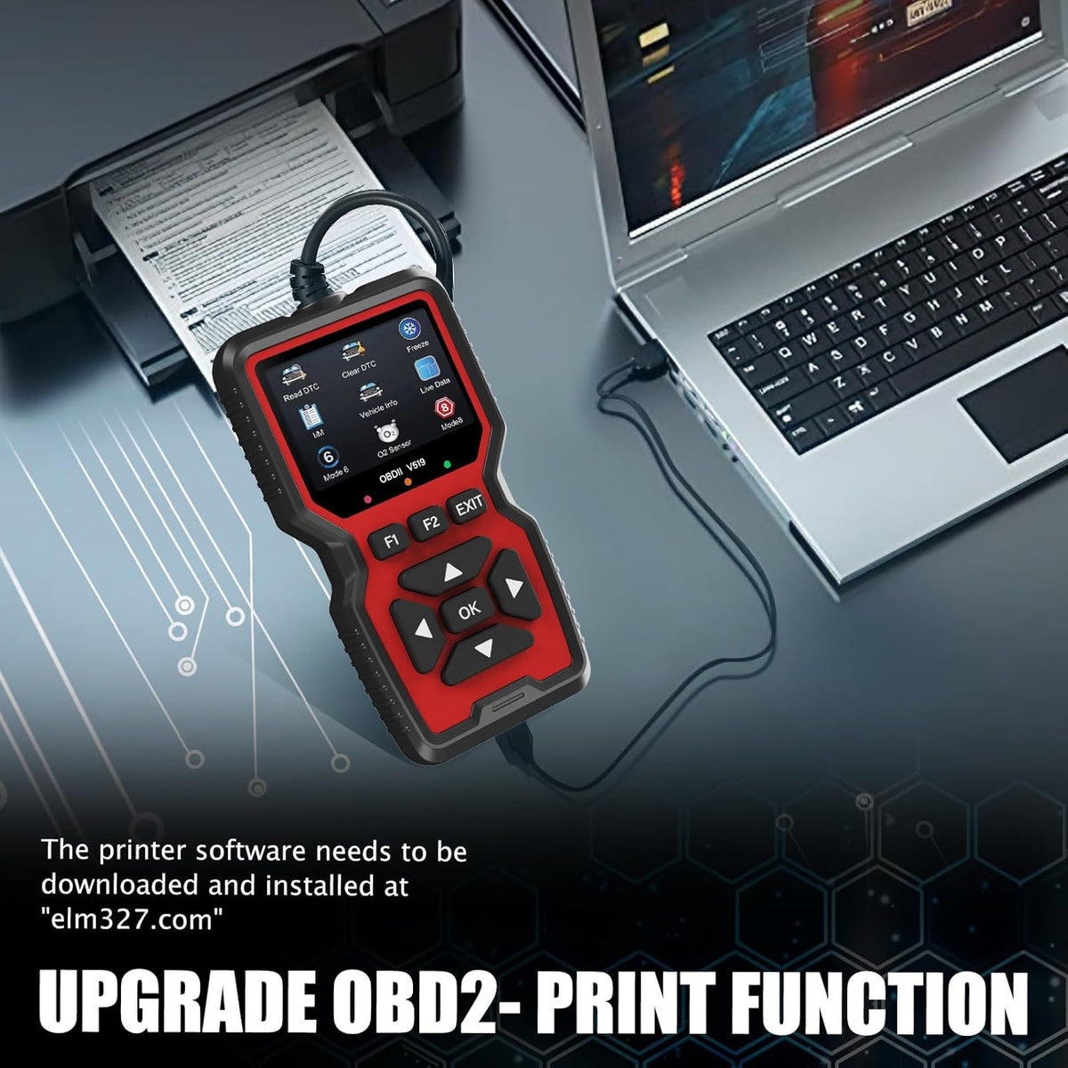 OBD2 Scanner with print function upgrade, allowing users to connect to a PC and print diagnostic reports using downloadable software.