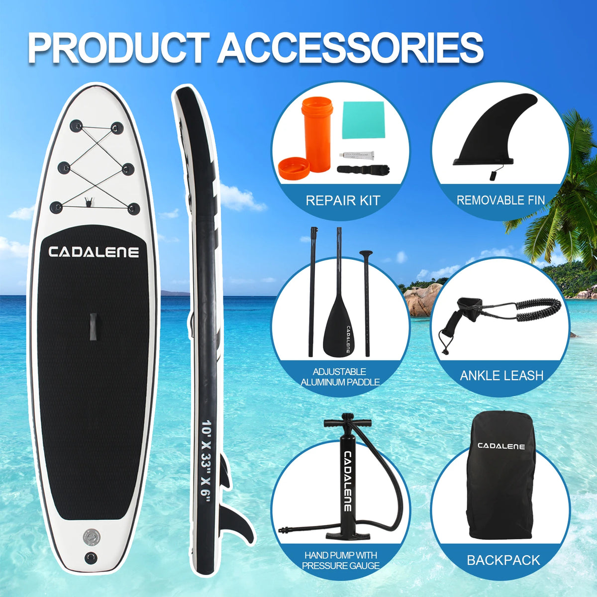 Complete CADALENE SUP Board kit includes paddle, pump, leash, fin, repair kit, and backpack. All-in-one inflatable paddleboard for adults.