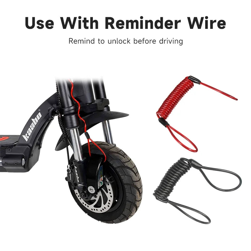 Electric scooter disc lock shown with reminder wire accessory to prevent riding with lock engaged, available in red and black.
