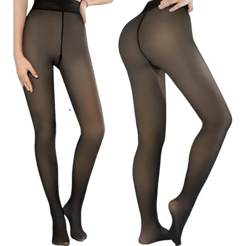 Thick fleece tights for women with seamless design and high-waist fit. Warm velvet leggings perfect for plus-size winter wear.