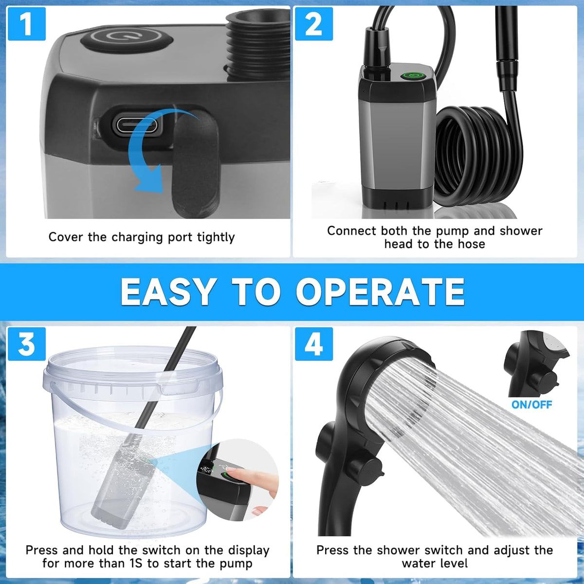 Step-by-step guide to operating the portable camping shower pump, from charging and connecting to activating and adjusting water flow.