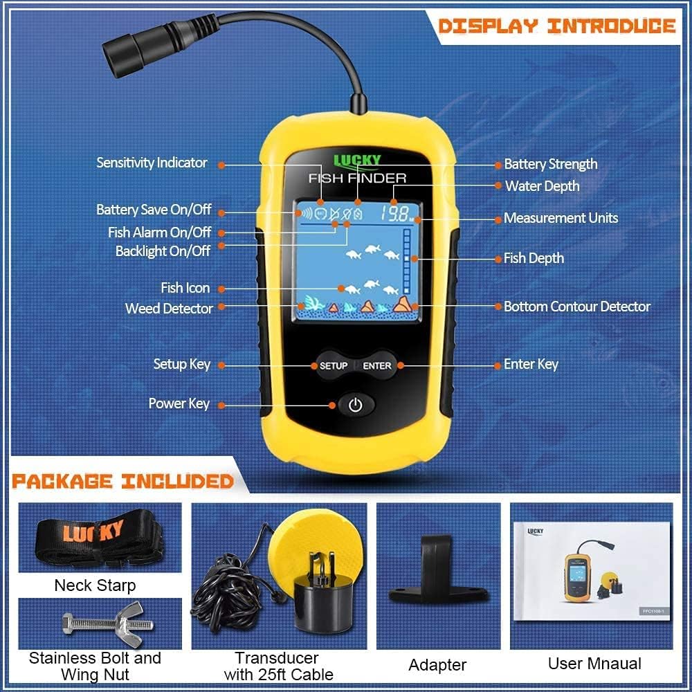 Complete kayak fish finder package includes sonar transducer with 25ft cable, LCD handheld unit, adapter, neck strap, and user manual.