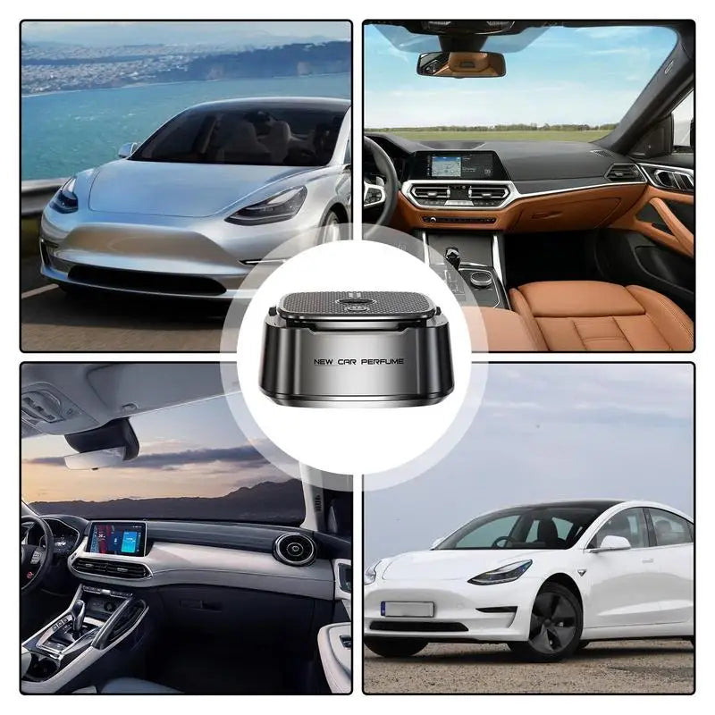 Ultrasonic Diffuser Pack - Car Aroma displayed in various car interiors, 15ml x 3 bottles, ideal for modern vehicles.