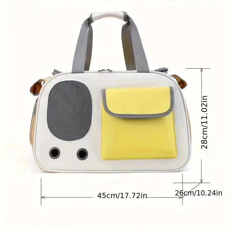 Dimensions of yellow travel pet carrier bag shown as 45cm x 28cm x 26cm, ideal for portable travel with cats and dogs.