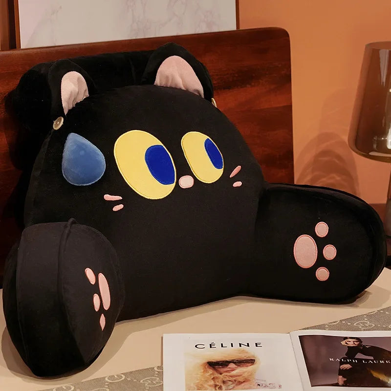 Black cat cartoon sofa backrest pillow with yellow eyes and pink paws, ideal for lumbar support and decorative seating.