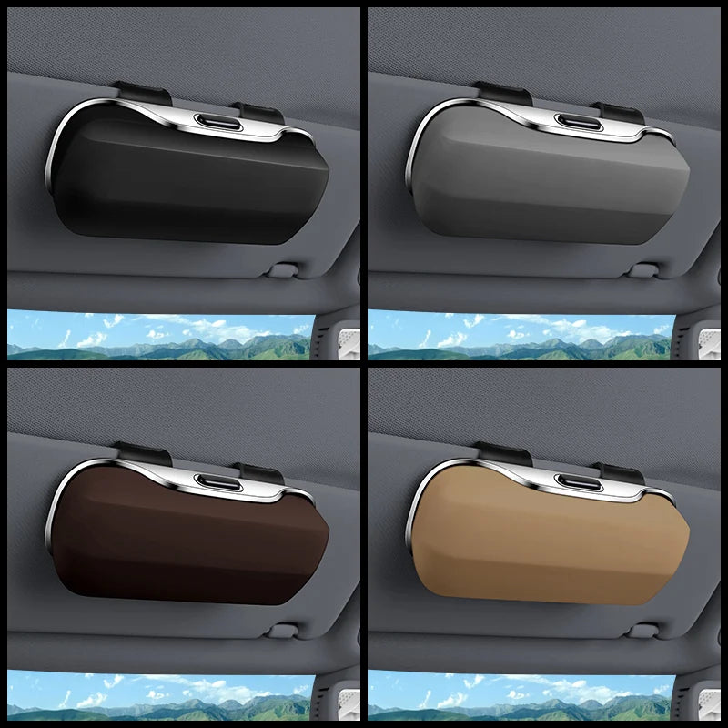 Four color options of car sun visor glasses holders installed in vehicles. Stylish ABS cases for secure and convenient eyewear storage.