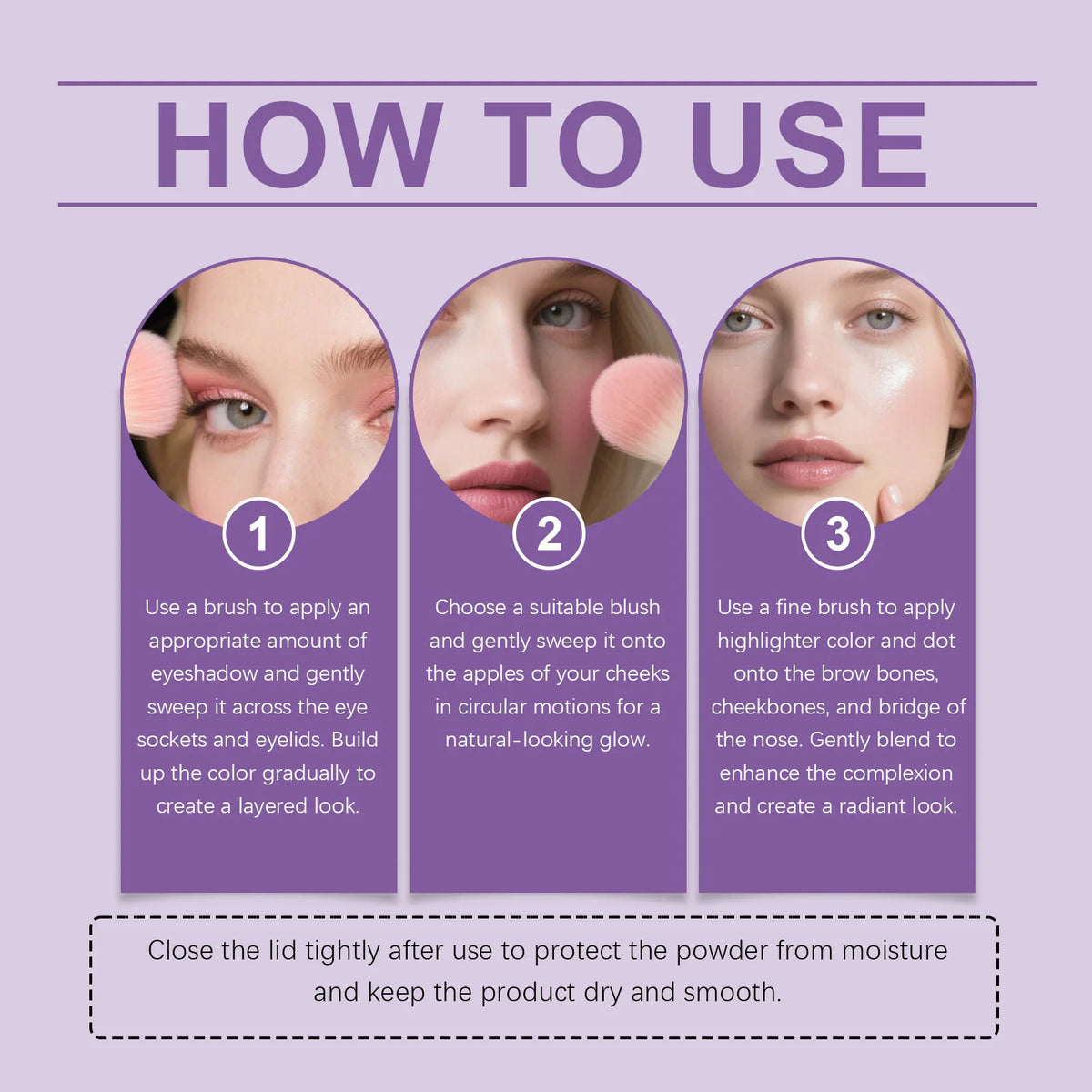 Step-by-step usage guide for Eye & Cheek Palette - Glow & Define Features, detailing application tips for eyes, cheeks, and highlighter areas.