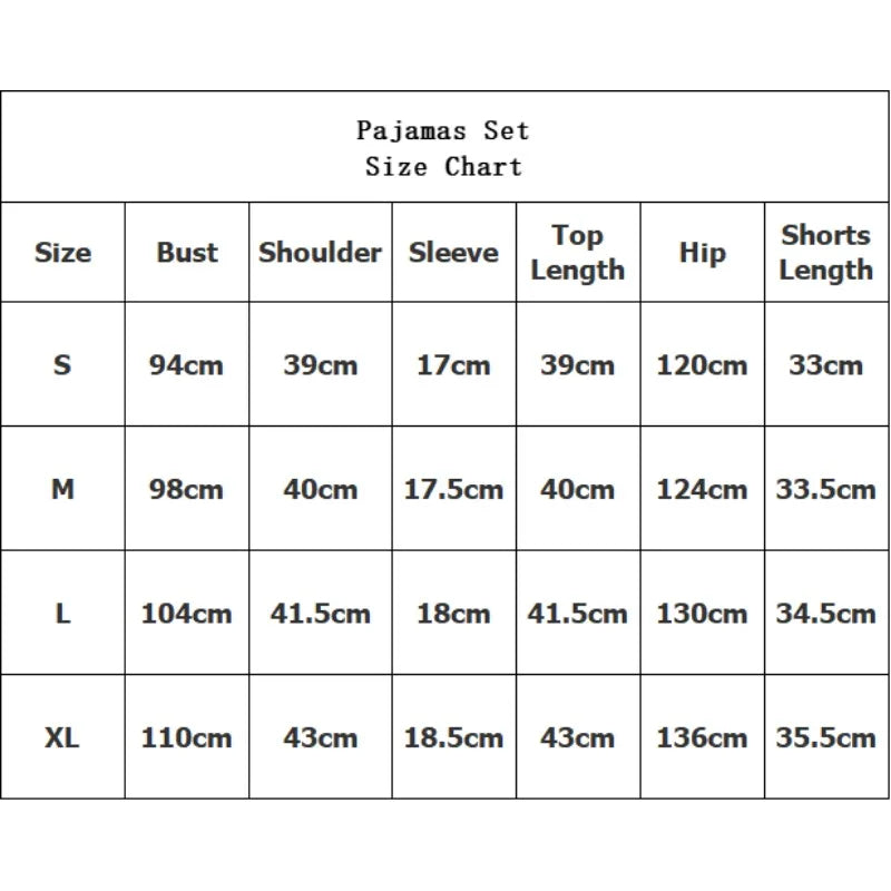 Size chart for women's ribbed pajama set showing measurements for bust, shoulder, sleeve, top length, hip, and shorts length in S to XL.