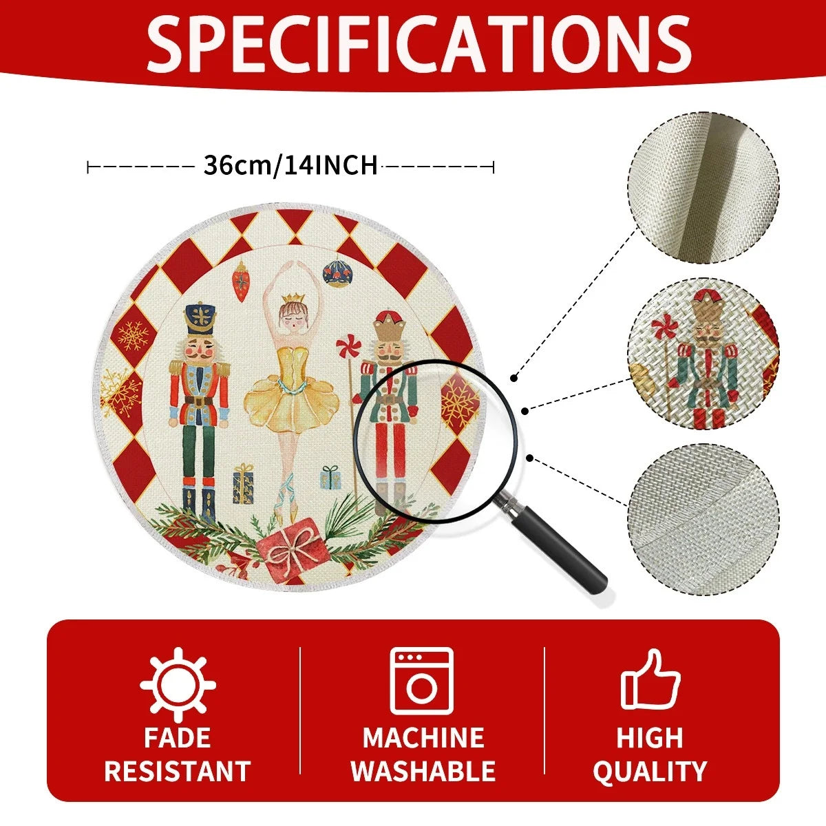 Product specifications for Christmas round linen placemat with Nutcracker design, highlighting fade resistance and machine washability.
