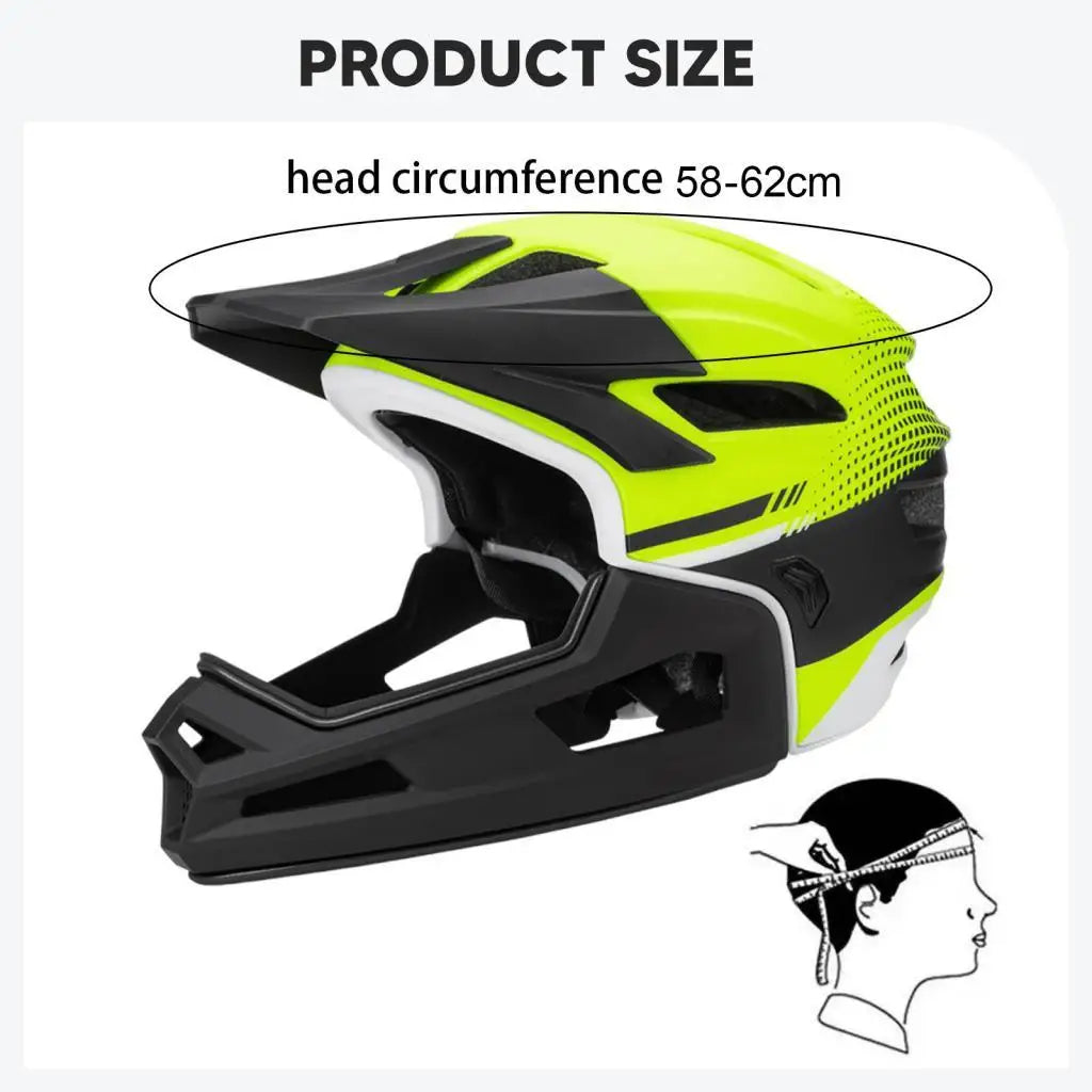 Helmet size guide showing yellow breathable bike helmet for 58-62cm head circumference. Adjustable fit for men and women cyclists.