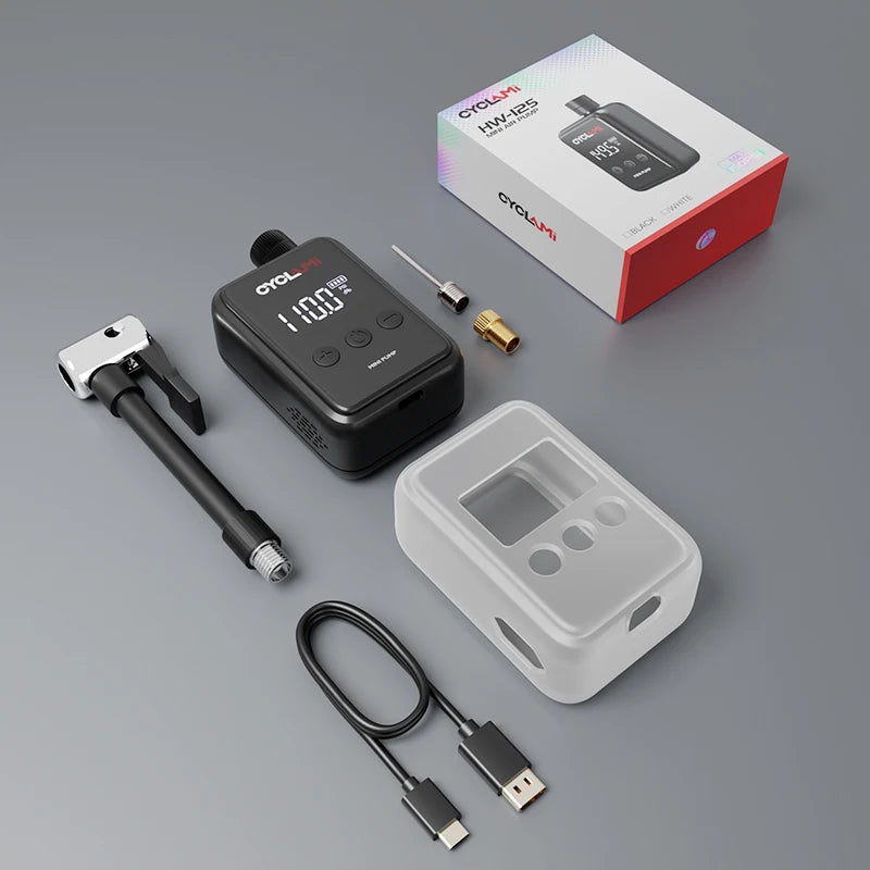 Full kit of the Portable Electric Bike Pump 150Psi in black, including USB cable, adapters, silicone sleeve, and packaging box.
