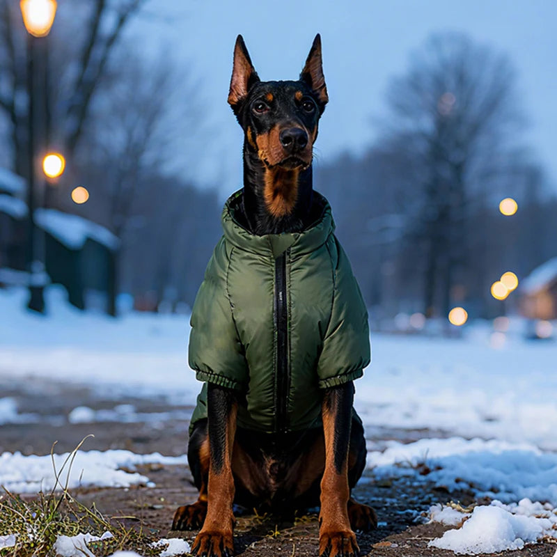 Doberman wearing green Large Dog Winter Jacket at dusk in snowy park. Warm vest for large breeds like Labs and Dobermans.