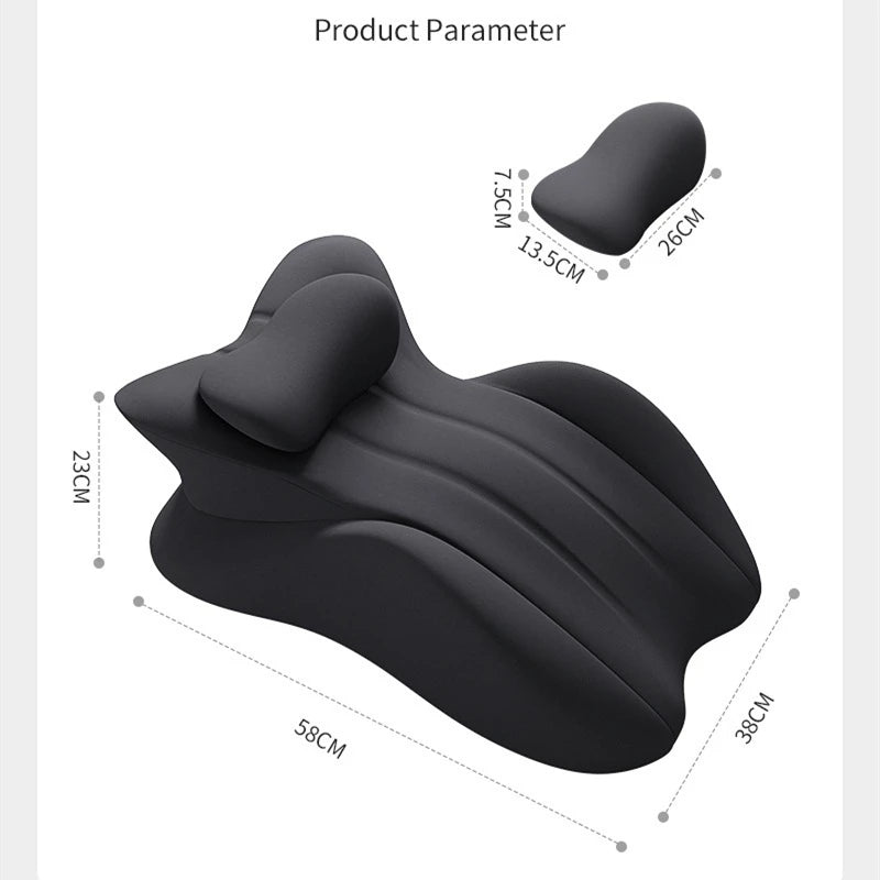Product dimensions of black Couples Memory Foam Cushion with ergonomic curves designed for full-body support and intimate comfort.