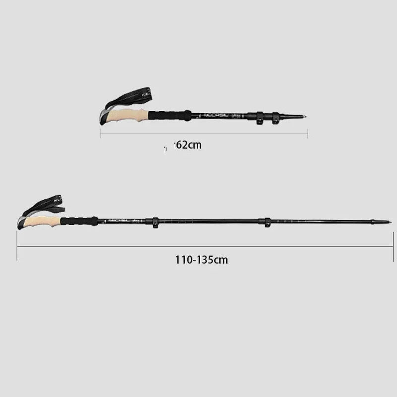 Adjustable ultralight trekking pole showing compact 62cm and extended 135cm lengths, ideal for versatile hiking needs.