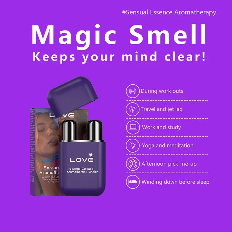 Sensory Essence Aromatherapy Inhaler benefits chart for travel, work, meditation, and sleep, ideal for home and garden fragrance use.