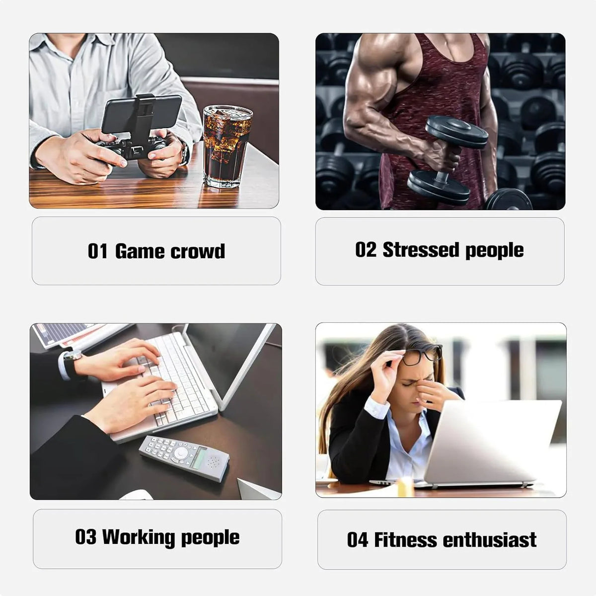 Target users of Gyro Ball Trainer including gamers, stressed individuals, office workers, and fitness enthusiasts for hand strengthening.