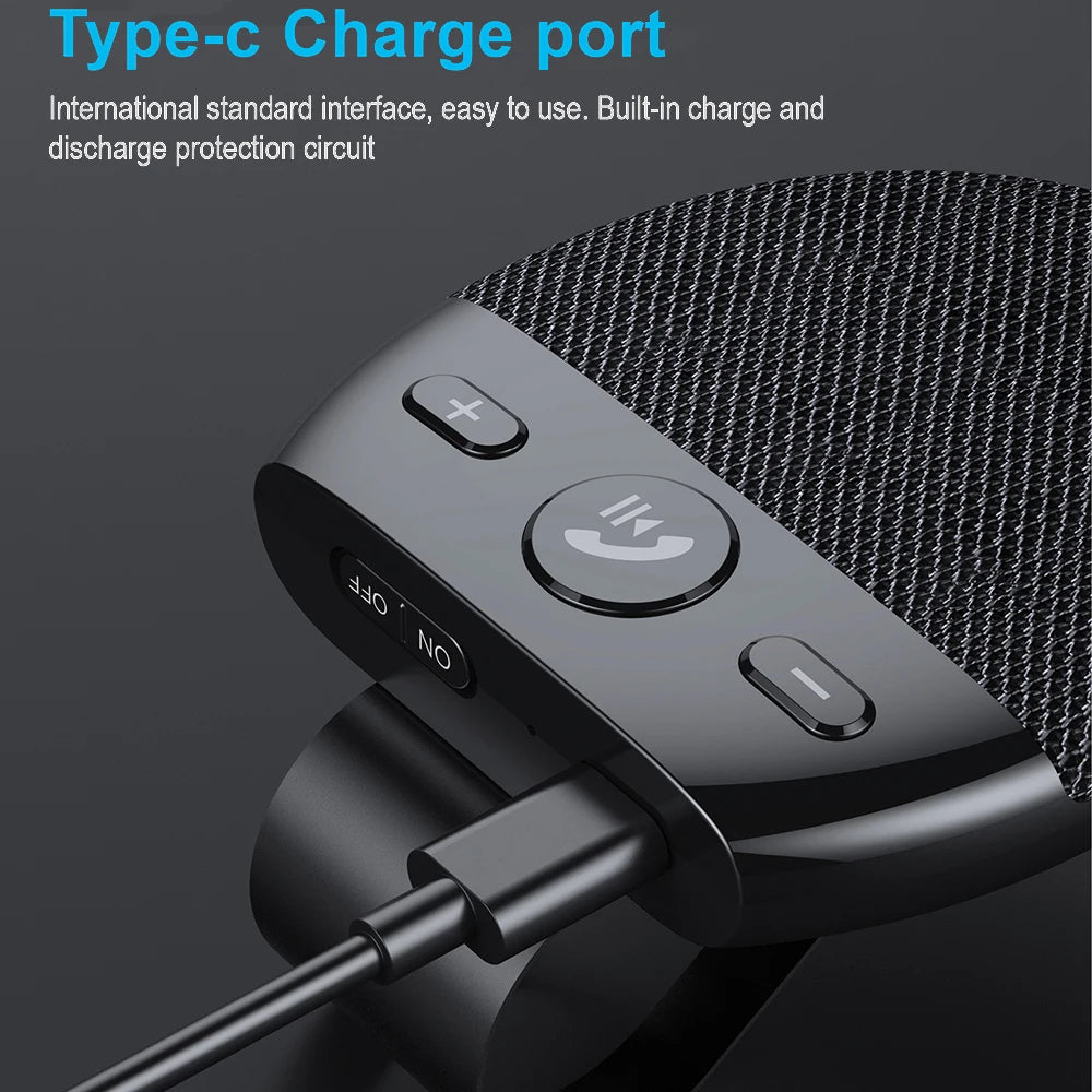 Bluetooth 5.0 Car Speakerphone Kit features Type-C charging port with built-in protection circuit for safe and efficient power management.
