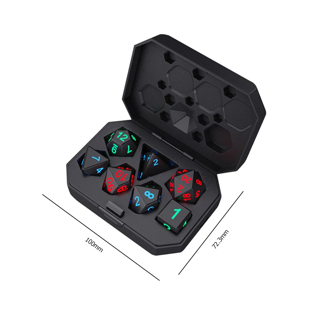 Luminous LED RPG Dice Set in a compact black case with size dimensions, includes 7 USB rechargeable dice for DND and tabletop games.