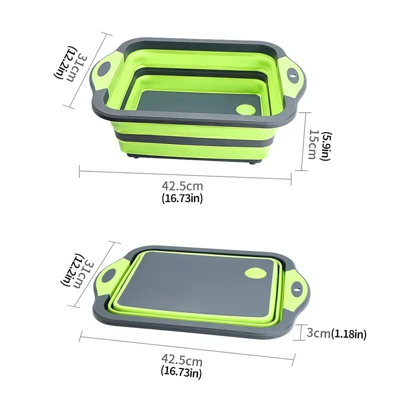 Dimensions of Collapsible Cutting Board Sink with drain plug shown in expanded and collapsed states, ideal for camping and compact kitchens.