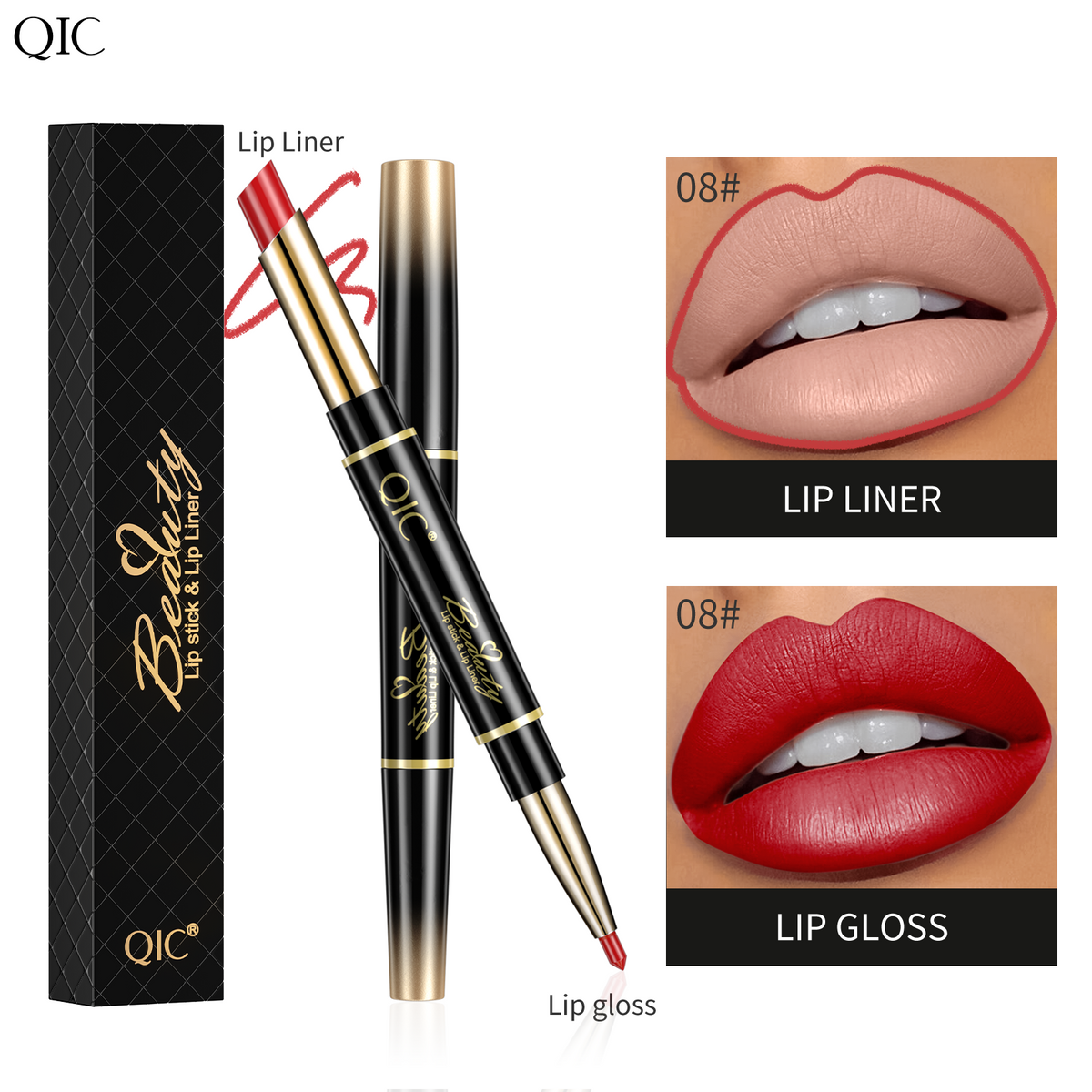 Shade 08# of 2-in-1 Dual-Ended Lipstick & Liner Matte Waterproof & Transfer-Proof with lip liner and lipstick application comparison