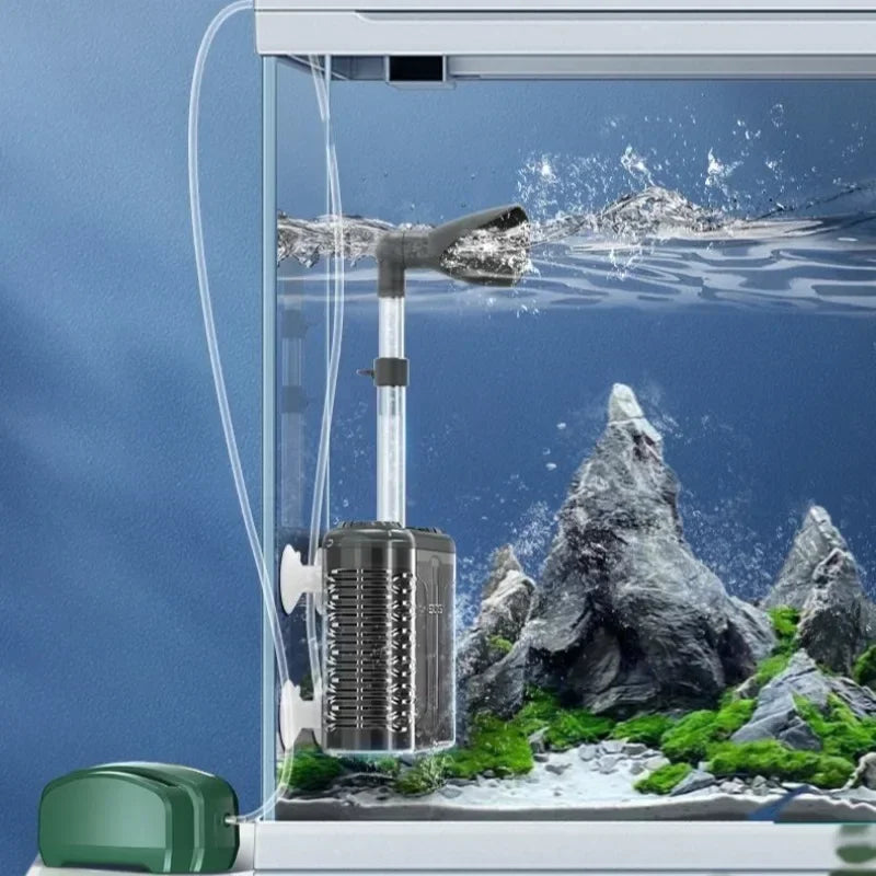 Internal aquarium filter installed in fish tank, demonstrating water flow and filtration with external air pump connection.