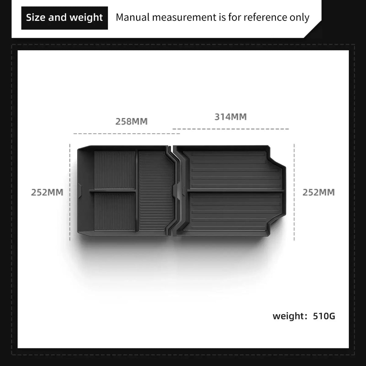 Tesla Cybertruck console organizer dimensions: 510g weight, 258mm x 314mm x 252mm size, fits 2024-2025 center console.