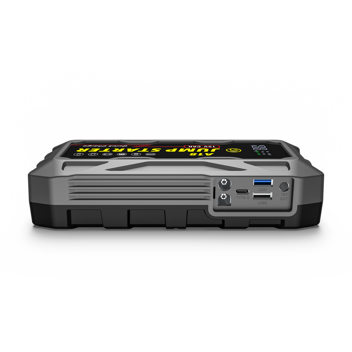 3000A Jump Starter with PD66W Fast Charge 59200mWh showing multiple USB ports and input/output options for versatile charging needs.