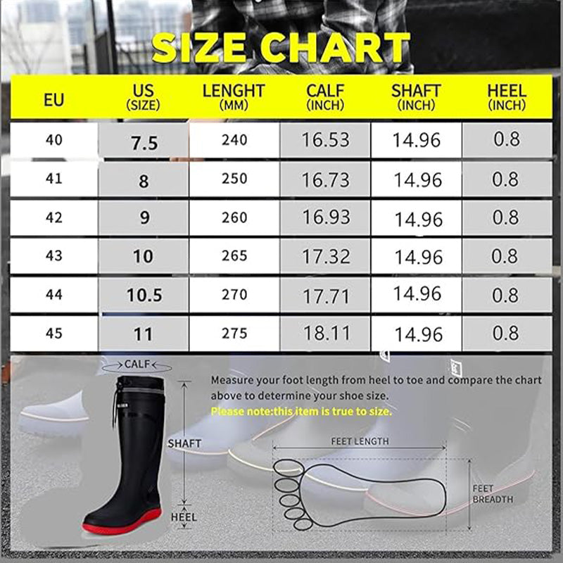 Size chart for Men's Anti-Slip Rain Boots with EU and US sizes, foot length, calf, shaft, and heel measurements for accurate fit.