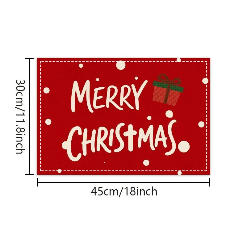 Red Christmas placemat with 'Merry Christmas' text and gift graphic, measuring 45x30cm, ideal for holiday table insulation.