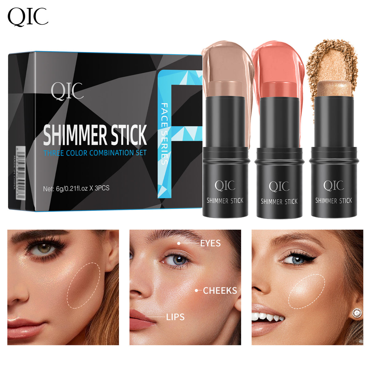 TRIPLE THREAT GLOW KIT with 3 shimmer sticks and face guide for cheeks, eyes, and lips. Create a K-pop inspired glow in 3 steps.