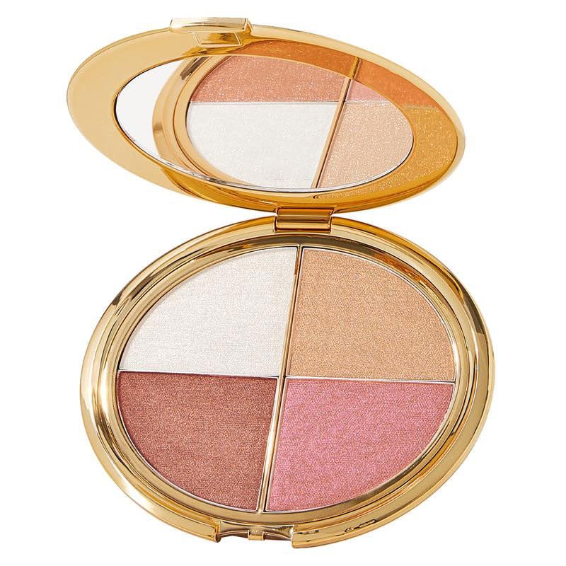 Close-up of Eye & Cheek Palette with four shimmer shades in a gold compact, designed for highlighting, contouring, and enhancing facial features.