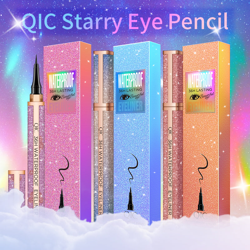 Galaxy Waterproof Eyeliner Pen collection in purple, blue, and orange glitter boxes, offering 36H vivid, waterproof, smudge-proof wear.