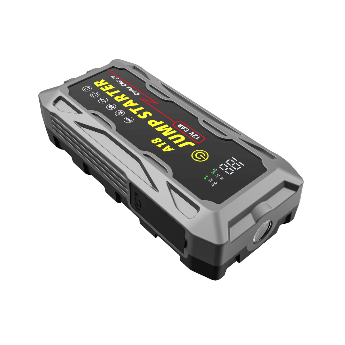Angled view of 3000A Jump Starter with PD66W Fast Charge 59200mWh highlighting rugged design and digital display for automotive use.