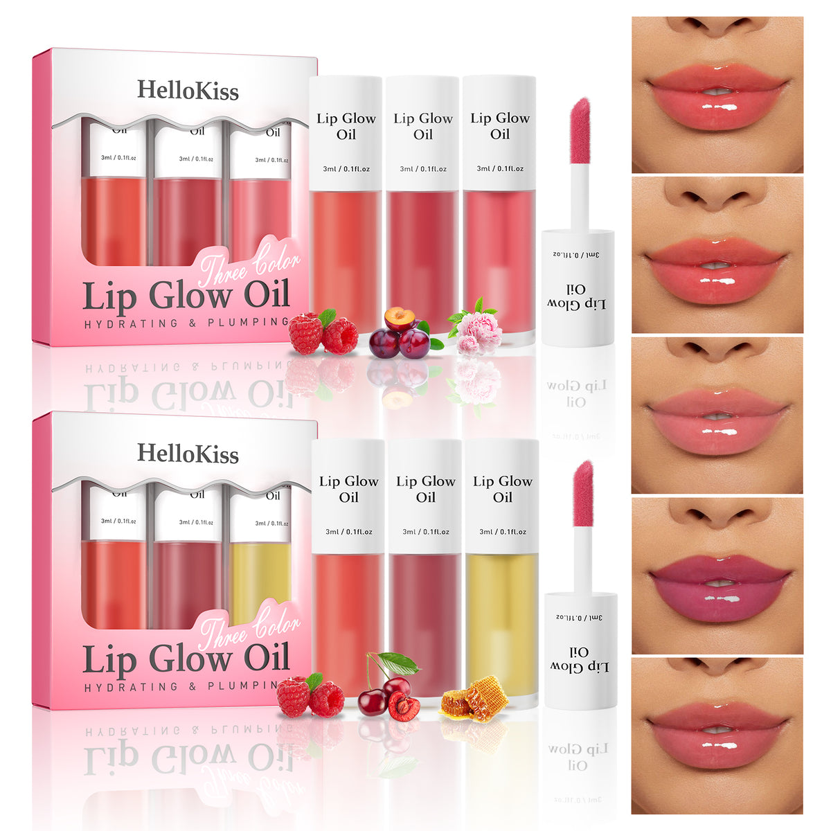 Complete Scented Lip Oil Stain Set with six fruity glosses and lip swatches, showcasing hydrating and plumping effects.