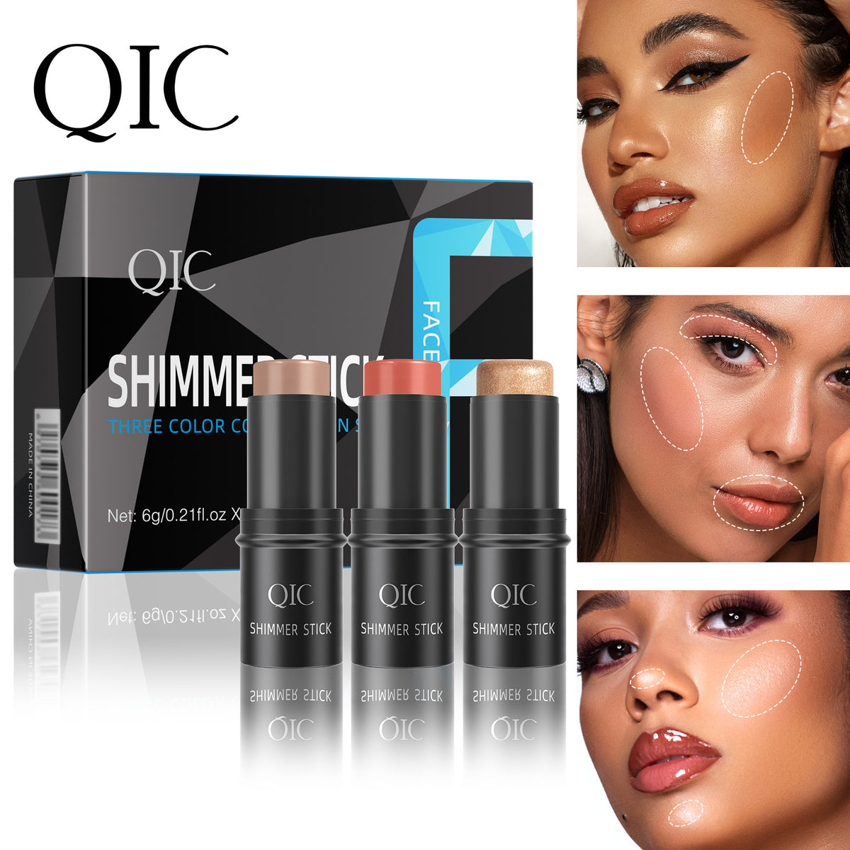 QIC shimmer stick trio with diverse models showcasing contour, blush, and highlight effects. Achieve viral glam effortlessly.
