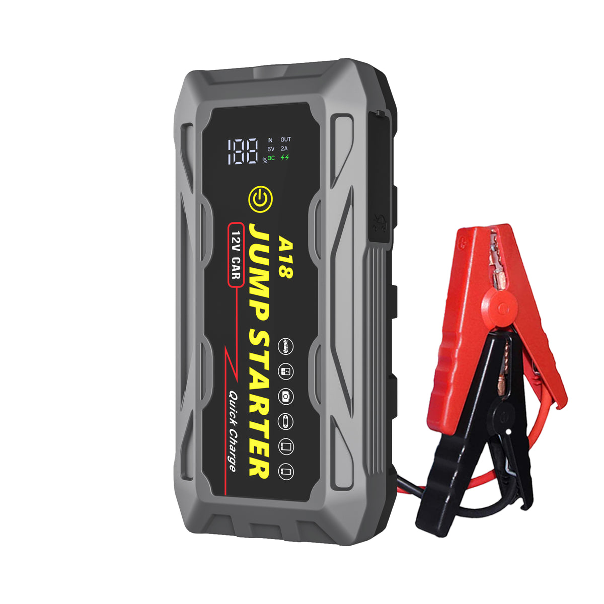 3000A Jump Starter with PD66W Fast Charge 59200mWh with attached smart clamps, designed for quick and safe 12V car battery jump starts.