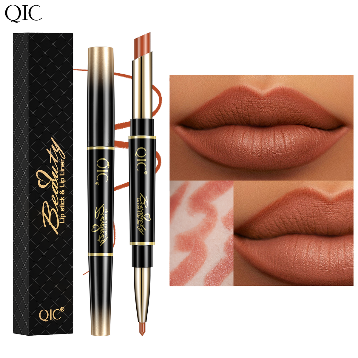 2-in-1 Dual-Ended Lipstick & Liner Matte Waterproof & Transfer-Proof 24H Non-Smudge Lip Combo Kiss-Proof in warm nude brown with box packaging and lip swatches.