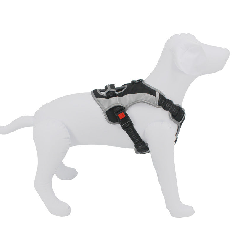 Side view of no pull reflective dog harness on a white mannequin dog, showing adjustable straps and ergonomic design.