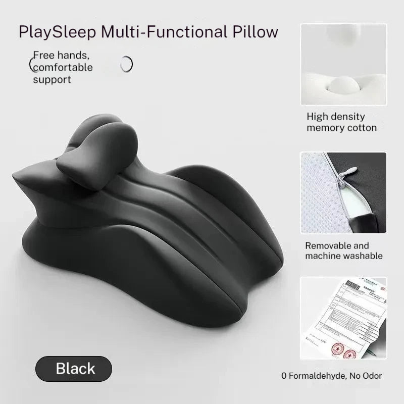 Black PlaySleep Multi-Functional Pillow with headrest, memory foam, and ergonomic design for couples' comfort and posture support.