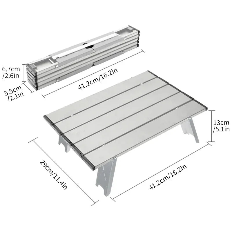 Dimensions of Folding Camping Table - Ultralight Travel Desk. Compact aluminum table measuring 41.2cm x 29cm x 13cm.
